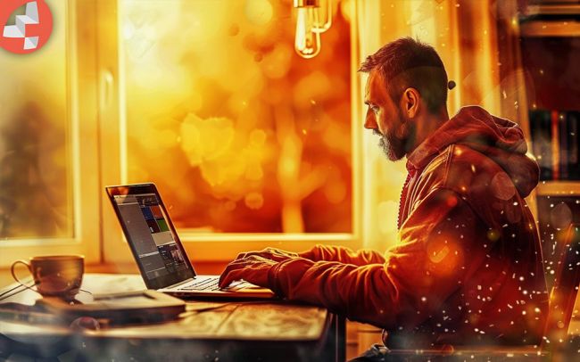 Mann arbeitet bei warmem Licht am Laptop in gemütlicher Umgebung