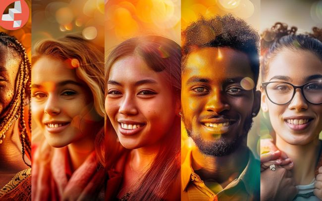 Porträts von fünf lächelnden Menschen, warmes Licht und Bokeh-Hintergrund.