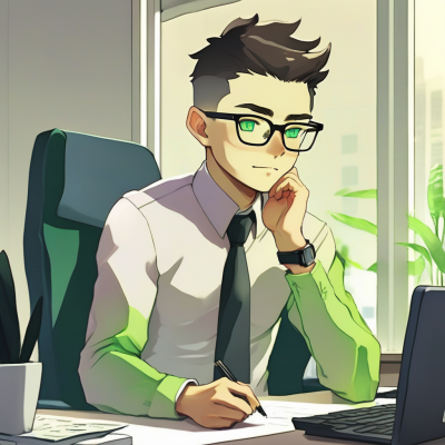 Illustration eines nachdenklichen Mannes mit Brille am Schreibtisch.