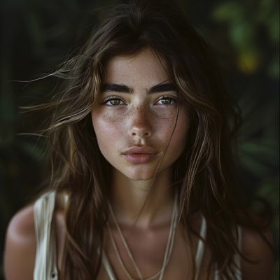 Eine junge Frau mit langen Haaren und Sommersprossen im Freien.