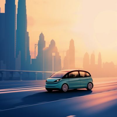 Elektroauto fährt auf einer Autobahn bei Sonnenuntergang mit Skyline im Hintergrund.