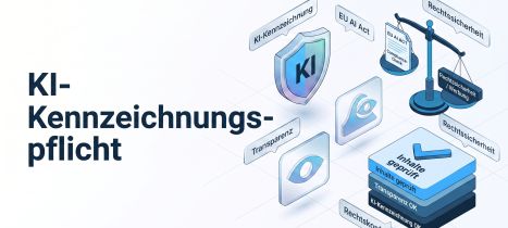 Grafik zur KI-Kennzeichnung mit Fokus auf Transparenz und Rechtssicherheit.