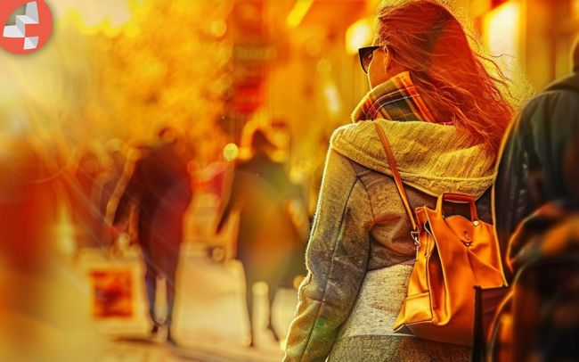 Frau trägt Mantel und Rucksack spaziert bei Sonnenuntergang in der Stadt.