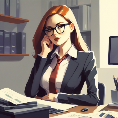 Frau im Business-Anzug mit Brille am Schreibtisch im Büro