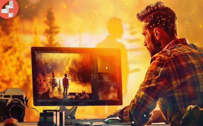 Mann am Computer arbeitet an einem Bildbearbeitungsprojekt.