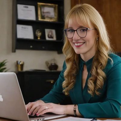 Frau mit blonden Locken und Brille arbeitet am Laptop, lächelt.