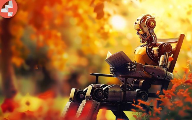 Roboter sitzt auf einem Stuhl und liest ein Buch im Sonnenuntergang.