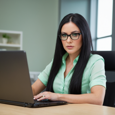 Frau mit Brille arbeitet am Laptop im Büro.