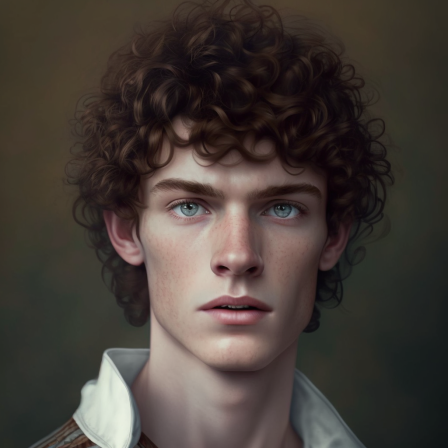 17 years old, blue-green eyes, curly brown mullet with short sides hairstyle, without freckles, very realistic, 22 Megapixels