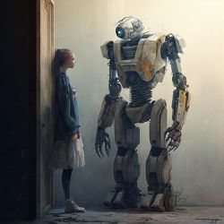 Mädchen steht in engem Raum einem großen Roboter gegenüber.