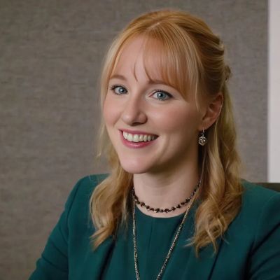 Blonde Frau mit grünem Blazer lächelt in die Kamera