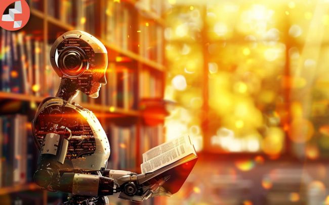 Roboter in einer Bibliothek, der ein Buch liest.