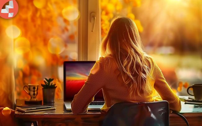 Frau arbeitet an Laptop mit Herbsthintergrund