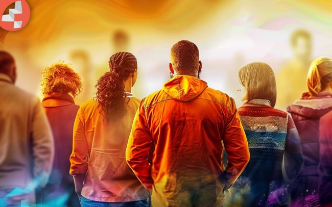 Eine Gruppe von Menschen steht zusammen.