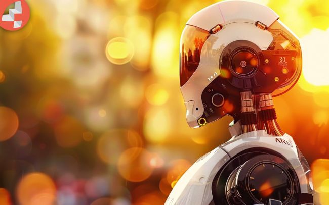 Ein futuristischer Roboter mit Helm im Sonnenlicht.