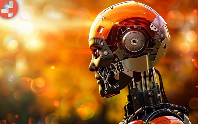 Seitenansicht eines futuristischen humanoiden Roboters vor verschwommenem Hintergrund.