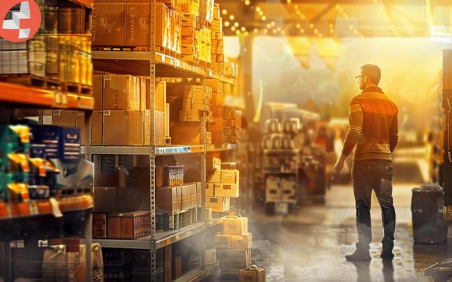 Mann im Lagerhaus mit Regalen voller Kartons und Waren.