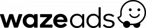 Waze-Logo in Schwarz-Weiß mit lächelndem Symbol rechts.