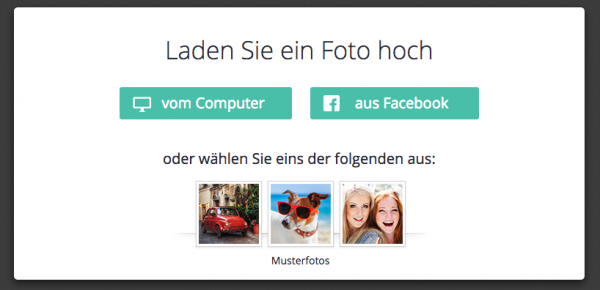 Bild hochladen-Optionen, Computer oder Facebook, Musterfotos: Auto, Hund, zwei Frauen