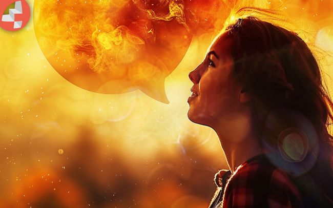 Frau schaut nachdenklich in eine leuchtend orange Wolke.