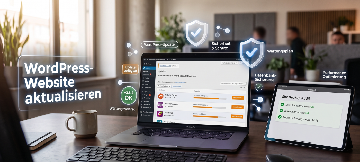 Ein Computer zeigt das WordPress-Dashboard zur Sicherung und Aktualisierung einer Website in modernem Büro.