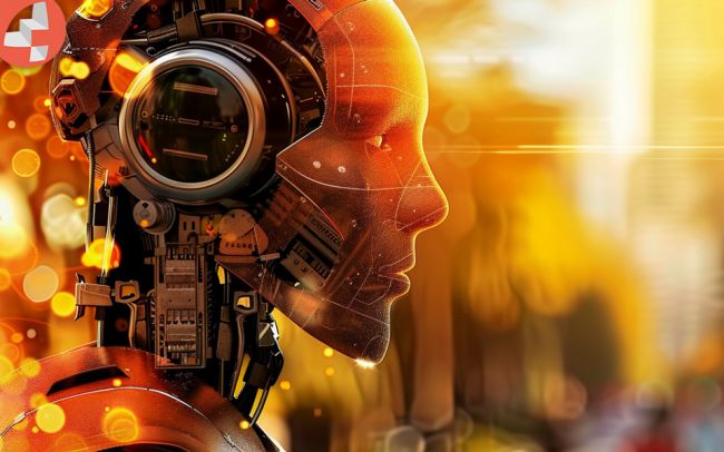 Abstrakter Roboterkopf in leuchtenden orangenen Lichtern