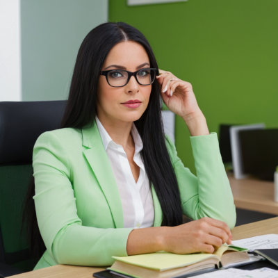 Frau mit Brille und grünem Blazer sitzt am Schreibtisch