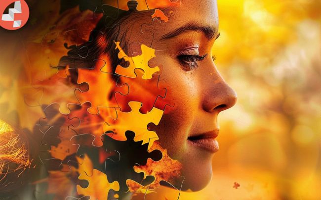Nahaufnahme eines weiblichen Gesichts mit herbstlichen Puzzle-Elementen.