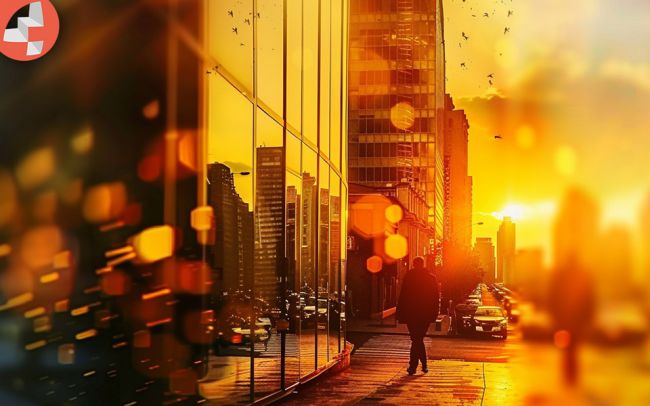 Sonnenuntergang in einer Stadt mit hohen Gebäuden und gläserner Fassade.