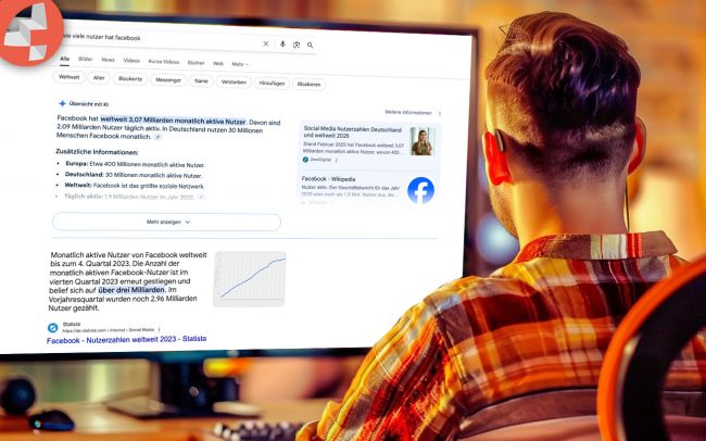 Mann der am Laptop sitzt und Google Suchergebnisse mit KI Ergebnissen angezeigt bekommt