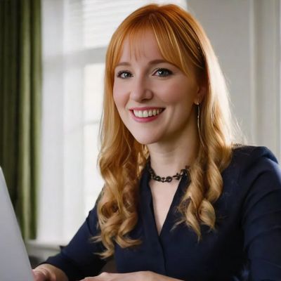 Lächelnde Frau mit langen, roten Haaren vor einem Laptop.