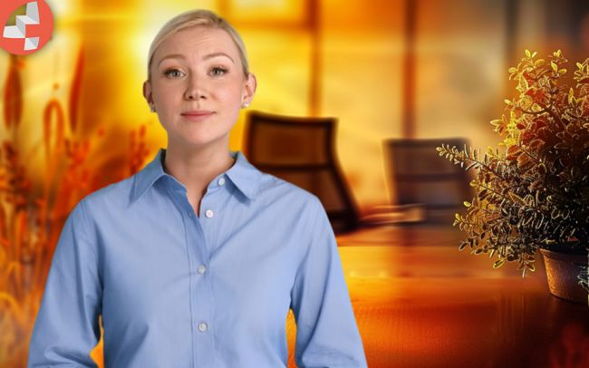 Büroumgebung mit Frau in blauem Hemd und Blumentopf im Vordergrund