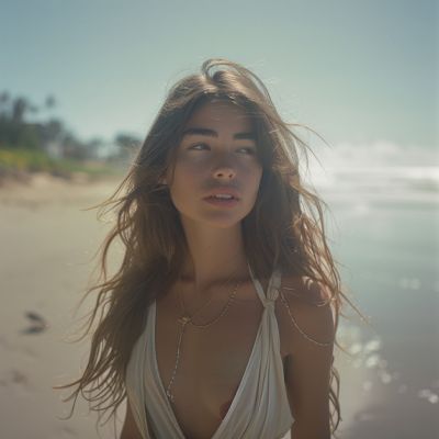 Frau mit langem Haar und weißem Kleid am Strand.