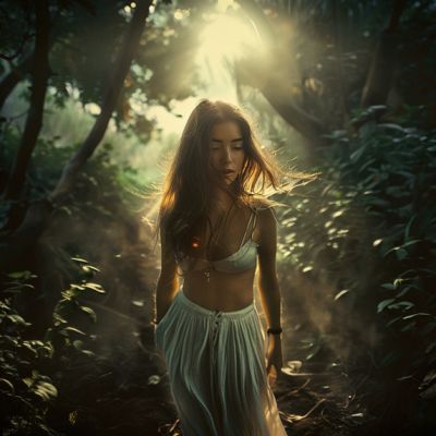 Frau im Wald, durch Sonnenstrahlen beleuchtet