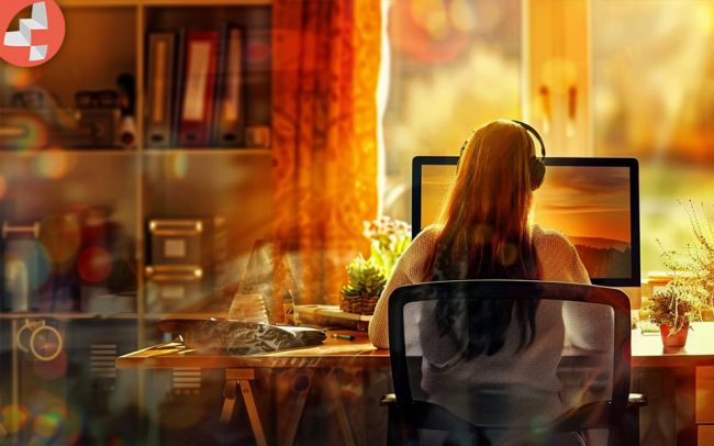 Person mit Kopfhörern arbeitet am PC in gemütlichem, lichtdurchflutetem Arbeitszimmer.