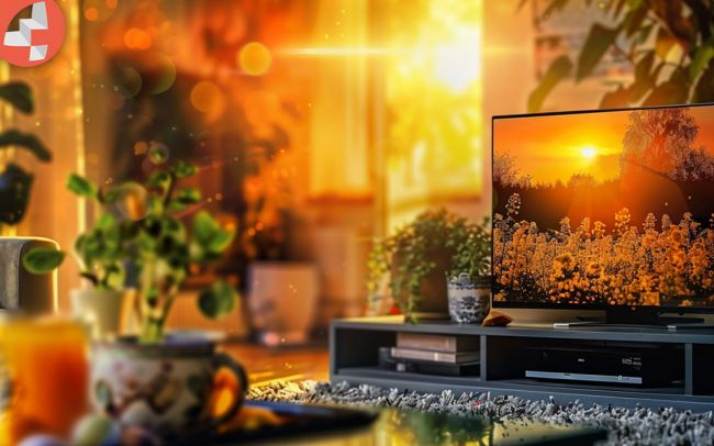 Wohnzimmer mit Fernseher, Pflanzen und Sonnenuntergang.