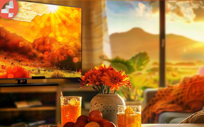 Sonnenuntergang auf Bildschirm mit Orangensaft und Blumen auf dem Tisch im Vordergrund.