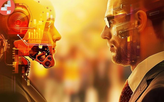 Geschäftsmann und Roboter in einem intensiven Blickkontakt.