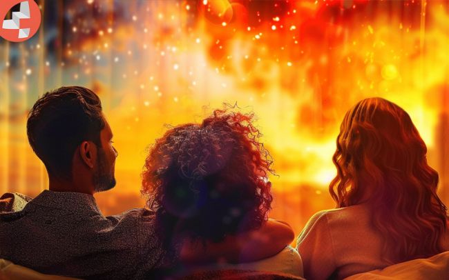 Drei Menschen schauen zusammen einen Film an.