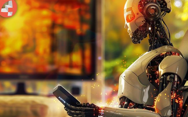 Roboter mit Fernbedienung vor einem verschwommenen Hintergrund.