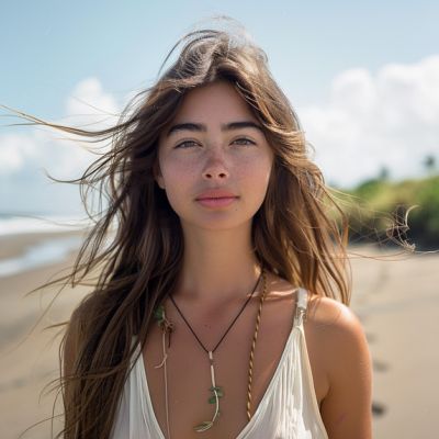 Frau mit langen Haaren am Strand, sommerlich gekleidet.
