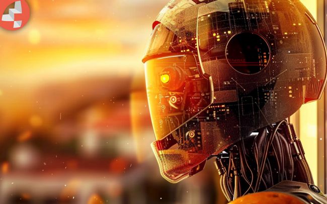 Roboterkopf mit futuristischem Helm und leuchtenden Schaltkreisen