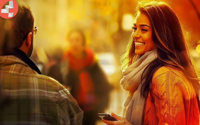 Zwei Personen, im Freien mit Herbstkleidung. Eine Frau lächelt und hält ein Handy.