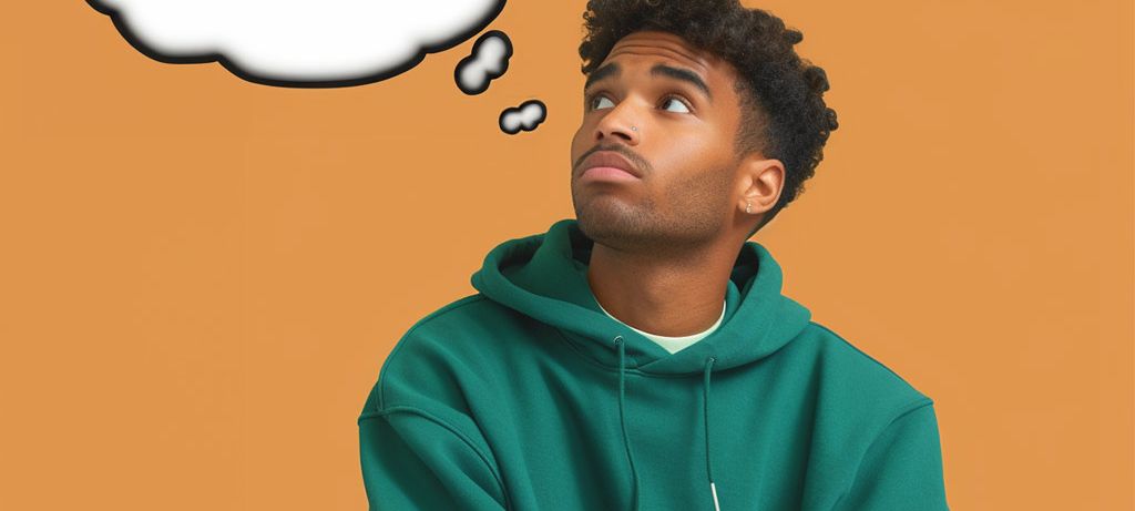Mann im grünen Hoodie mit einer Denkblase über dem Kopf.