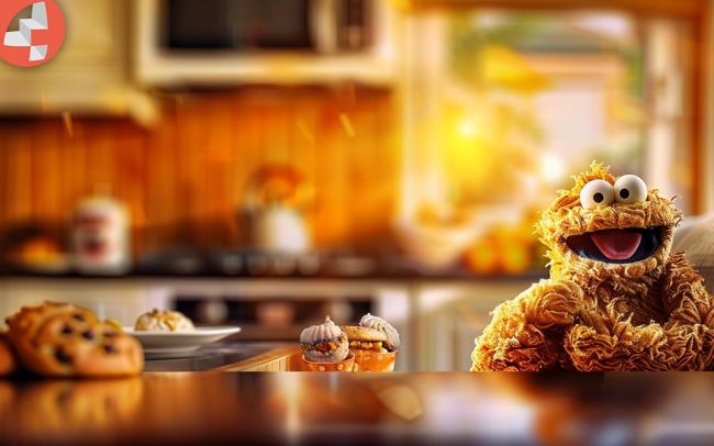 Plüschfigur in einer Küche mit Muffins und Keksen auf dem Tresen