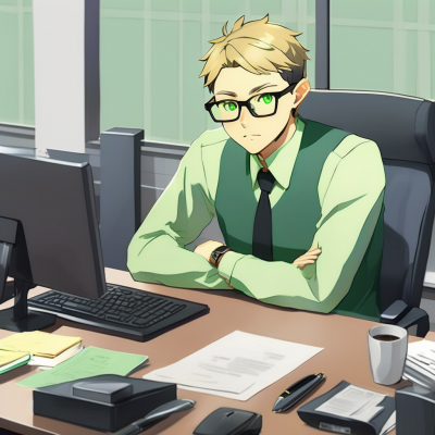 Blonde Person mit Brille und grüner Kleidung an einem Büroschreibtisch.