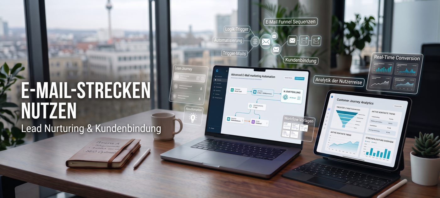 Ein Mann arbeitet am Laptop, während das E-Mail-Symbol für Kundenbindung und Analytik auf dem Bildschirm sichtbar ist.