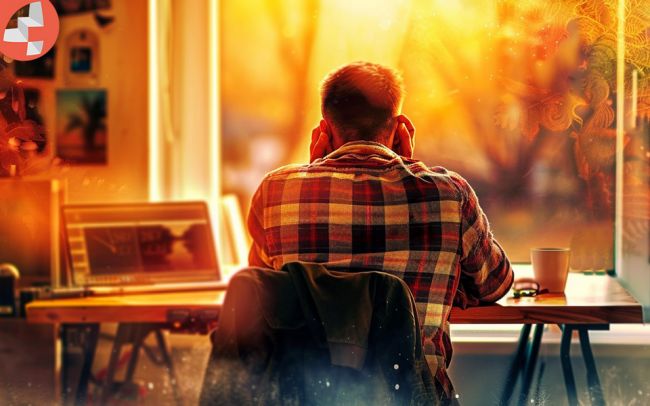 Mann sitzt an Schreibtisch und schaut aus dem Fenster