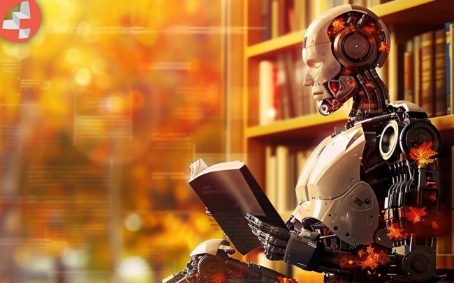 Roboter mit Buch in einer Bibliothek.