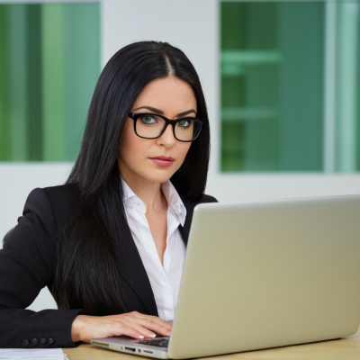 Geschäftsfrau mit Brille arbeitet am Laptop im Büro